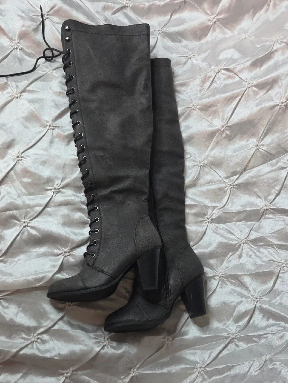 Forever New Charcoal Lace-Up Over-the-Knee Heeled Boots
